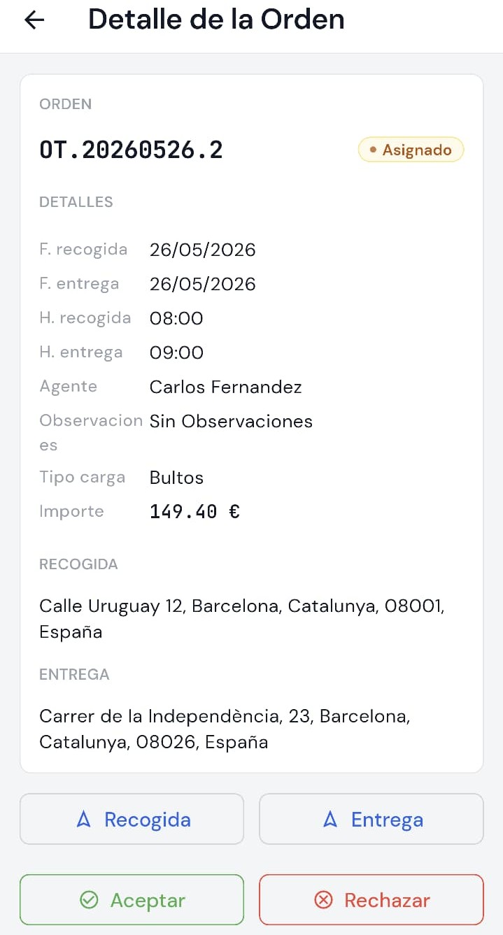 App de conductor Nova Fleet Dynamics - Detalle de asignación